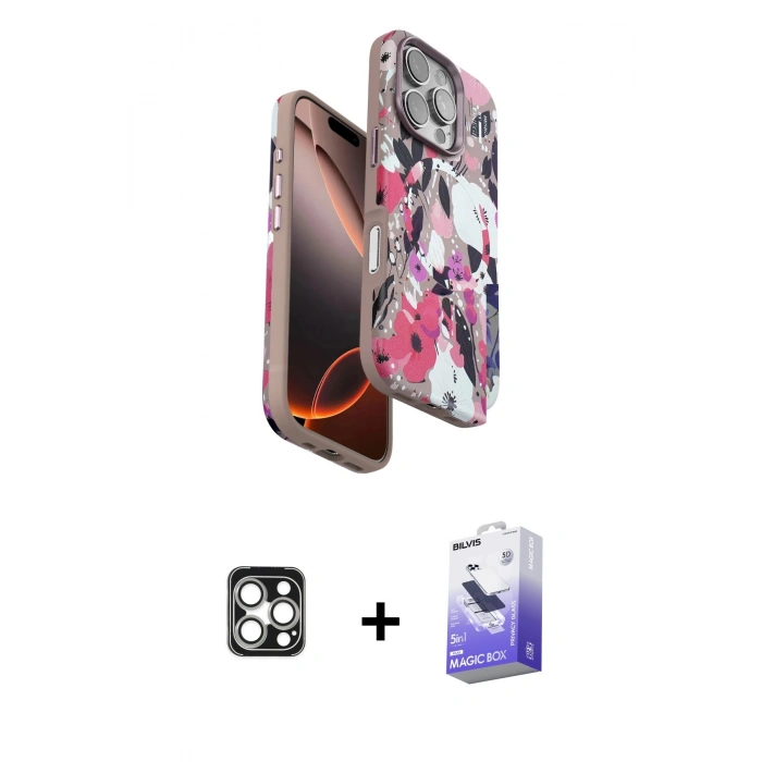 MARSİLYAN™- iPhone 16 Pro Max Kılıf Siluet Doku - Siyah Bilvis 5in1 5D Magic Hayalet Cam Ekran Koruyucu + PVD Metal Kamera Lens - GS