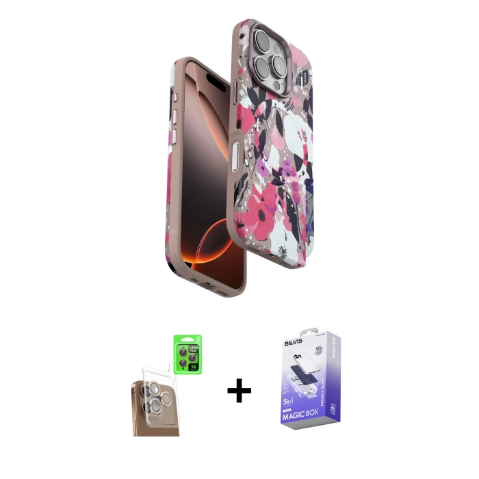 MARSİLYAN™- iPhone 16 Pro Max Kılıf Siluet Doku - Siyah Bilvis 5in1 5D Magic Hayalet Cam Ekran Koruyucu + Raze Metal Kamera Lens - CLTM