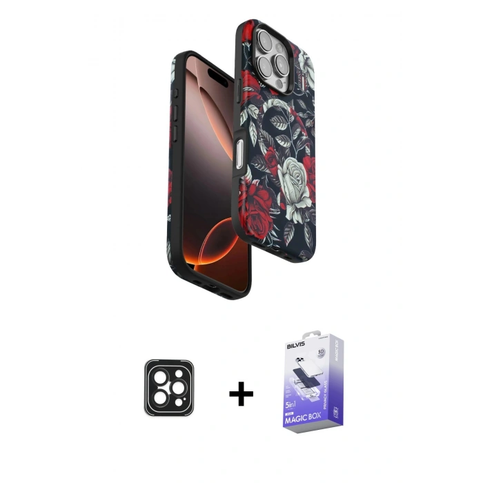 MARSİLYAN™- iPhone 16 Pro Max Kılıf Siluet Doku - Siyah Bilvis 5in1 5D Magic Hayalet Cam Ekran Koruyucu + Siyah PVD Metal Kamera Lens