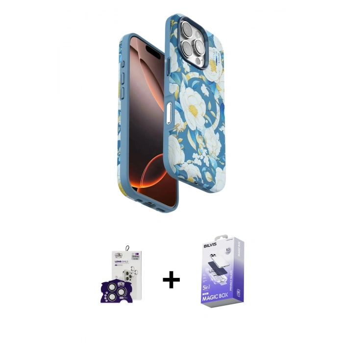 MARSİLYAN™- iPhone 16 Pro Max Kılıf Siluet Doku - Siyah Bilvis 5in1 5D Magic Hayalet Cam Ekran Koruyucu + Bilvis Titan Kamera Lens - TMGI