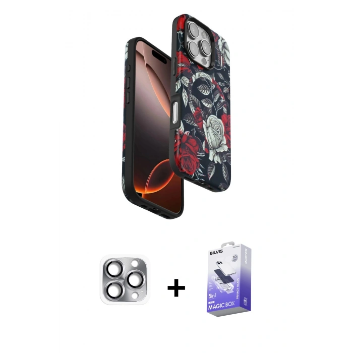 MARSİLYAN™- iPhone 16 Pro Max Kılıf Siluet Doku - Siyah Bilvis 5in1 5D Magic Hayalet Cam Ekran Koruyucu + Pers Alüminyum Kamera Lens - GI