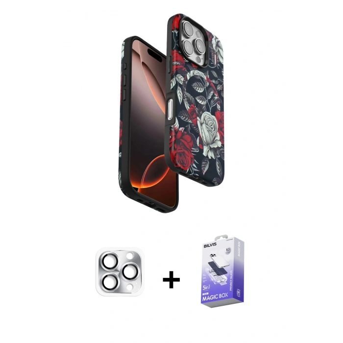 MARSİLYAN™- iPhone 16 Pro Max Kılıf Siluet Doku - Siyah Bilvis 5in1 5D Magic Hayalet Cam Ekran Koruyucu + Pers Alüminyum Kamera Lens - GS