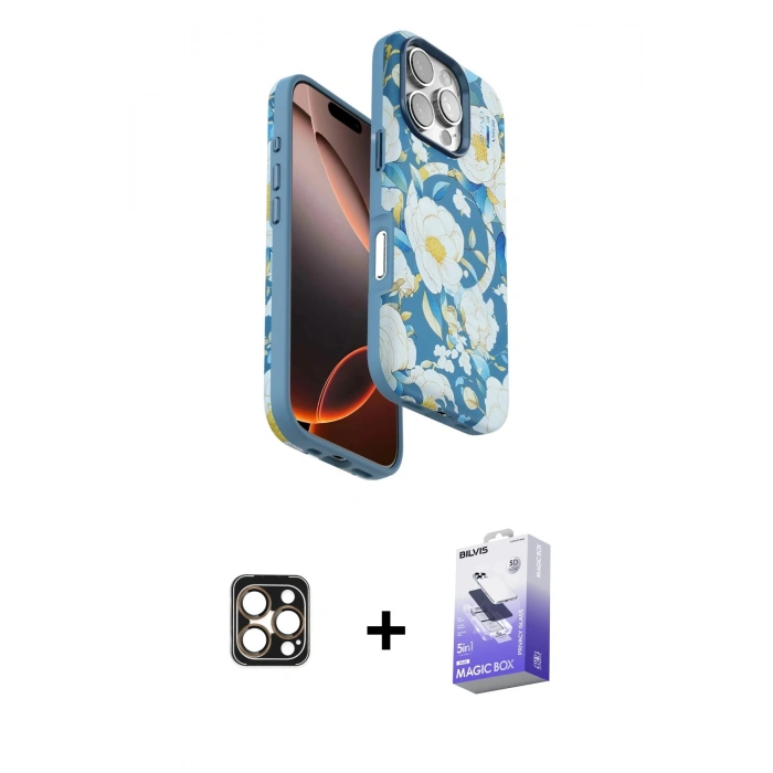 MARSİLYAN™- iPhone 16 Pro Max Kılıf Siluet Doku - Siyah Bilvis 5in1 5D Magic Hayalet Cam Ekran Koruyucu + PVD Metal Kamera Lens - GD