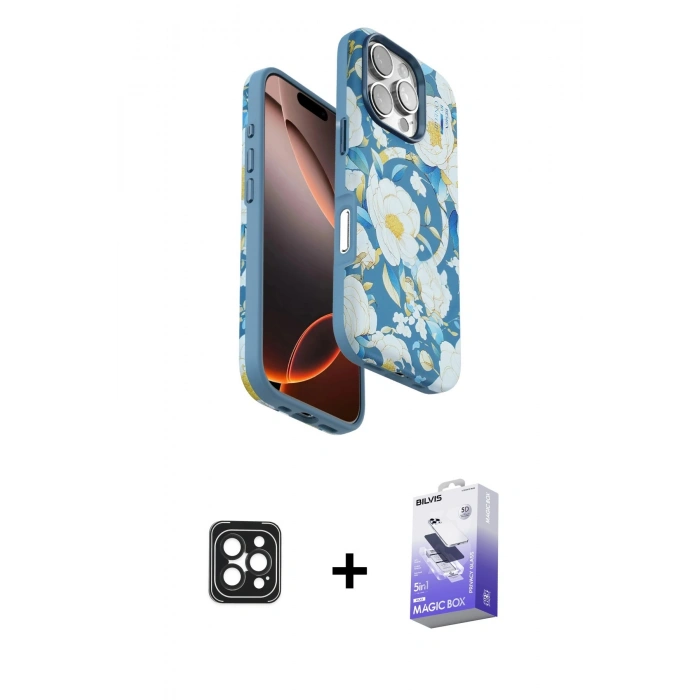 MARSİLYAN™- iPhone 16 Pro Max Kılıf Siluet Doku - Siyah Bilvis 5in1 5D Magic Hayalet Cam Ekran Koruyucu + Siyah PVD Metal Kamera Lens