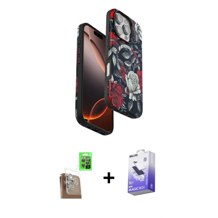 MARSİLYAN™- iPhone 16 Pro Max Kılıf Siluet Doku - Siyah Bilvis 5in1 5D Magic Hayalet Cam Ekran Koruyucu + Raze Metal Kamera Lens - CLTM