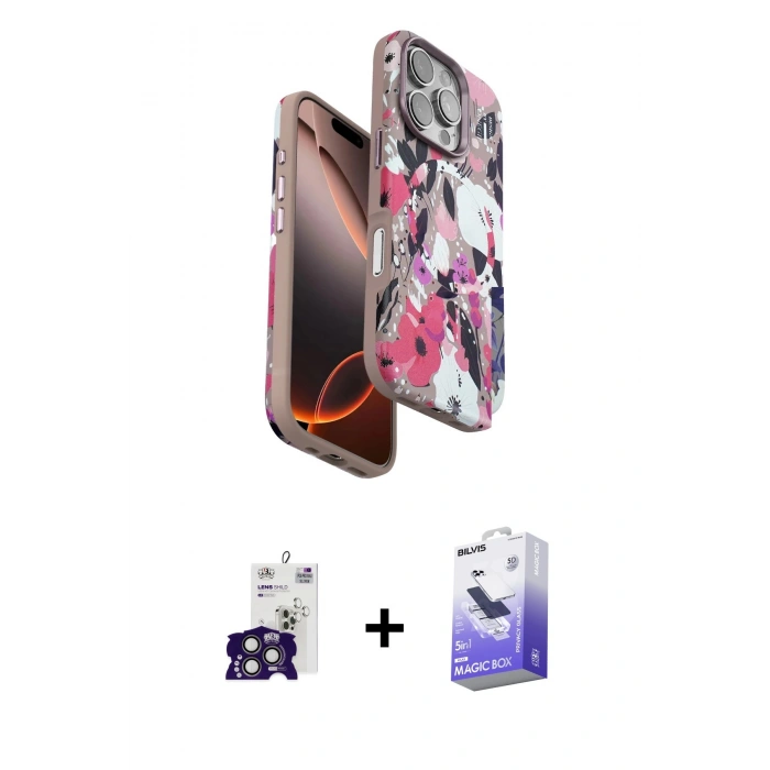 MARSİLYAN™- iPhone 16 Pro Max Kılıf Siluet Doku - Siyah Bilvis 5in1 5D Magic Hayalet Cam Ekran Koruyucu + Bilvis Titan Kamera Lens - TMGI