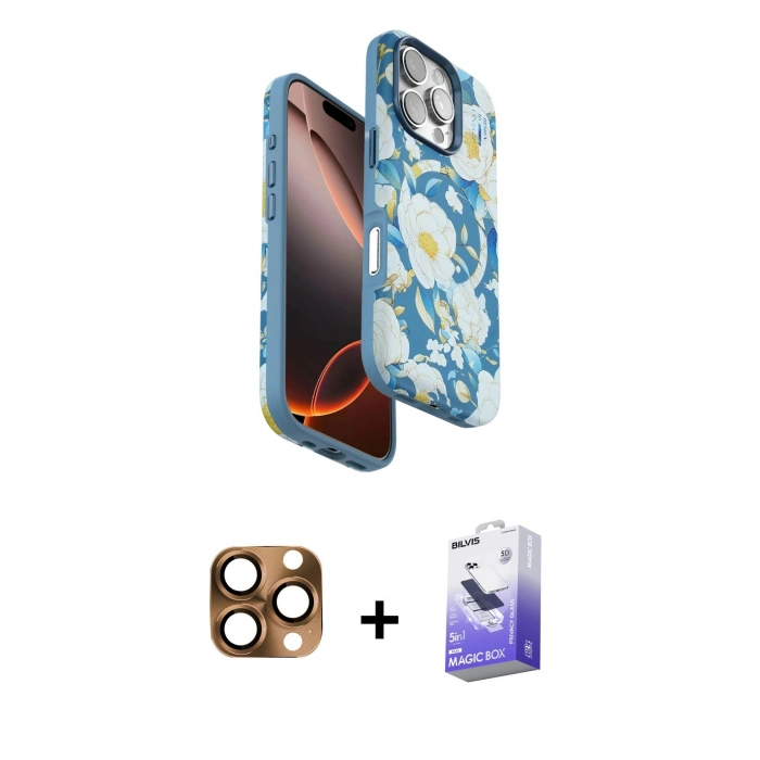MARSİLYAN™- iPhone 16 Pro Max Kılıf Siluet Doku - Siyah Bilvis 5in1 5D Magic Hayalet Cam Ekran Koruyucu + Çöl Titanyum Pers Alüminyum Kamera Lens
