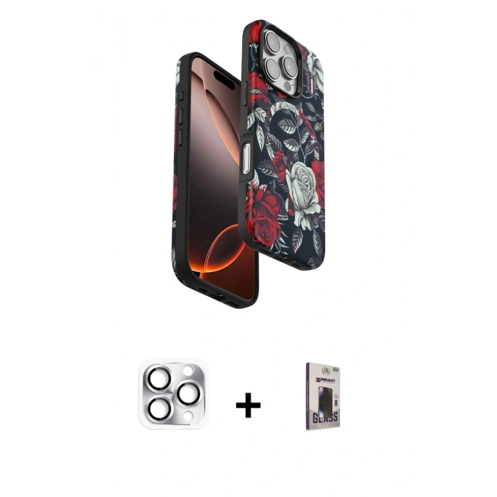MARSİLYAN™- iPhone 16 Pro Max Kılıf Siluet Doku - Siyah Bilvis Hayalet Cam Ekran Koruyucu + Pers Alüminyum Kamera Lens - GS
