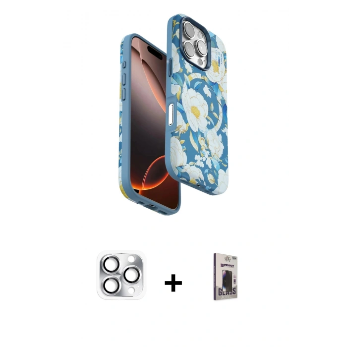 MARSİLYAN™- iPhone 16 Pro Max Kılıf Siluet Doku - Siyah Bilvis Hayalet Cam Ekran Koruyucu + Pers Alüminyum Kamera Lens - GS