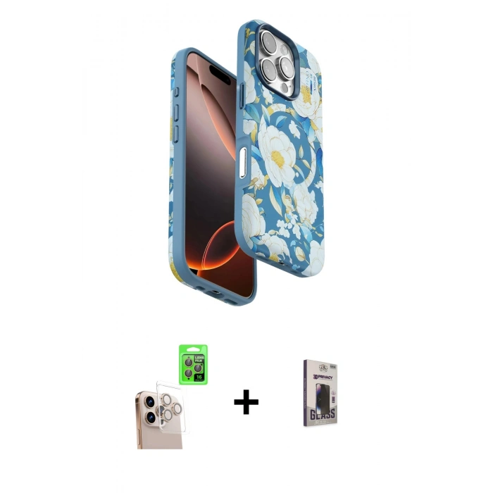 MARSİLYAN™- iPhone 16 Pro Max Kılıf Siluet Doku - Siyah Bilvis Hayalet Cam Ekran Koruyucu + Raze Metal Kamera Lens - NLGY