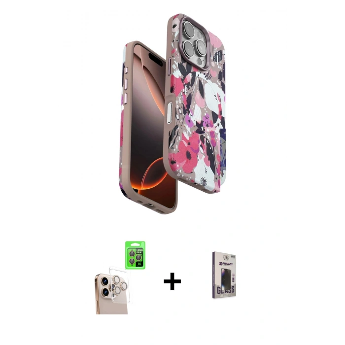 MARSİLYAN™- iPhone 16 Pro Max Kılıf Siluet Doku - Siyah Bilvis Hayalet Cam Ekran Koruyucu + Raze Metal Kamera Lens - NLGY