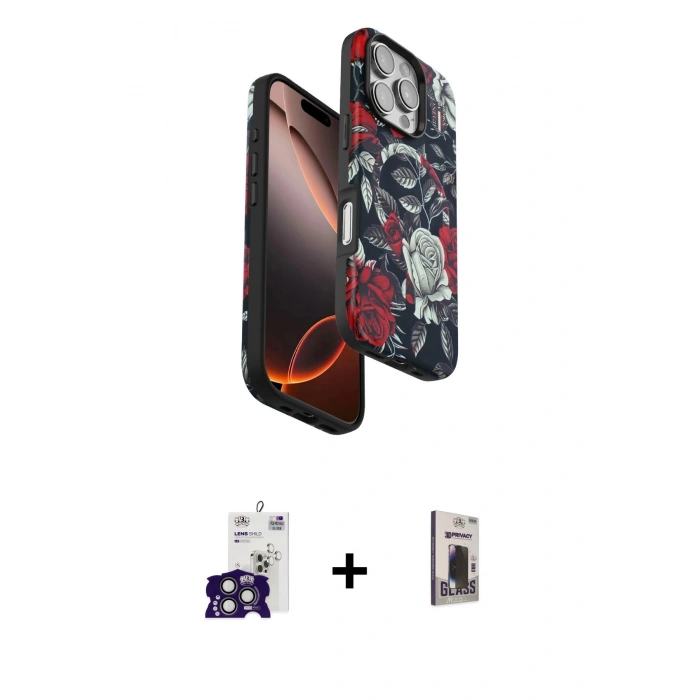MARSİLYAN™- iPhone 16 Pro Max Kılıf Siluet Doku - Siyah Bilvis Hayalet Cam Ekran Koruyucu + Bilvis Titan Kamera Lens - TMGI