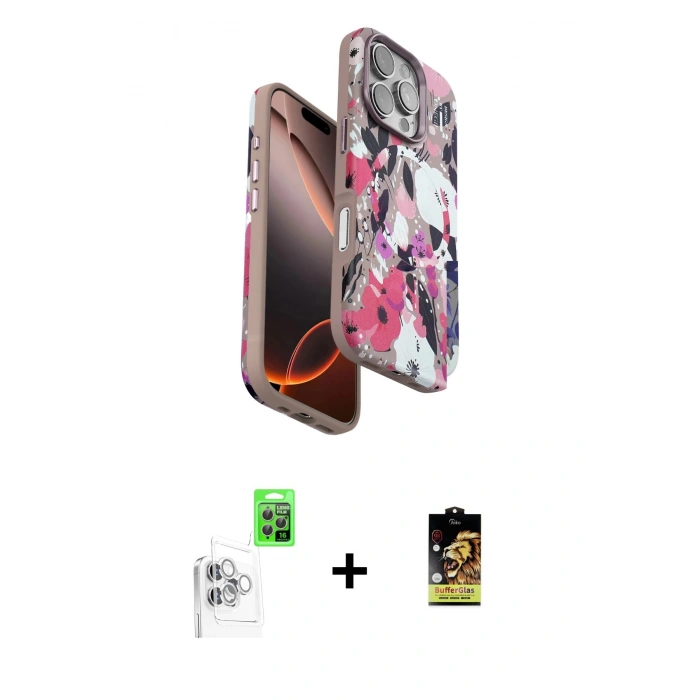 MARSİLYAN™- iPhone 16 Pro Max Kılıf Siluet Doku - Siyah Buffer Cam Ekran Koruyucu + Raze Metal Kamera Lens - BZ