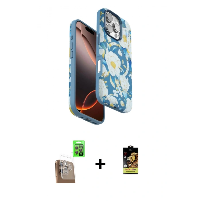 MARSİLYAN™- iPhone 16 Pro Max Kılıf Siluet Doku - Siyah Buffer Cam Ekran Koruyucu + Raze Metal Kamera Lens - CLTM