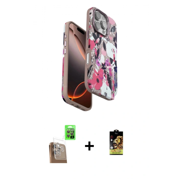 MARSİLYAN™- iPhone 16 Pro Max Kılıf Siluet Doku - Siyah Buffer Cam Ekran Koruyucu + Raze Metal Kamera Lens - CLTM