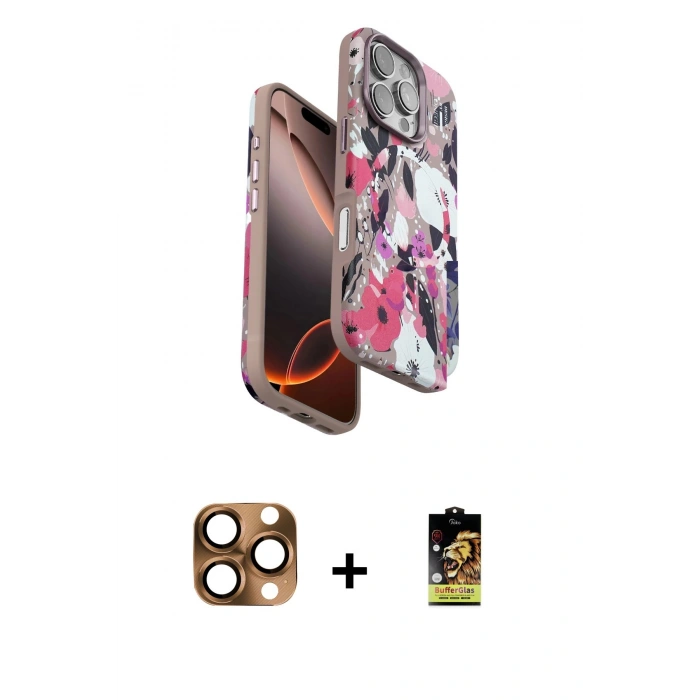 MARSİLYAN™- iPhone 16 Pro Max Kılıf Siluet Doku - Siyah Buffer Cam Ekran Koruyucu + Pers Alüminyum Kamera Lens - CLTM