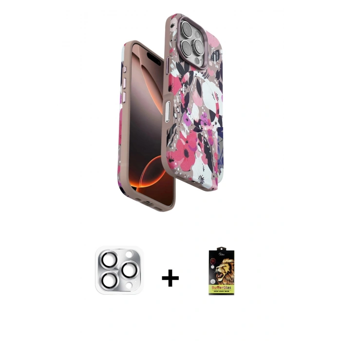 MARSİLYAN™- iPhone 16 Pro Max Kılıf Siluet Doku - Siyah Buffer Cam Ekran Koruyucu + Pers Alüminyum Kamera Lens - GS