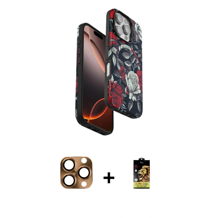 MARSİLYAN™- iPhone 16 Pro Max Kılıf Siluet Doku - Siyah Buffer Cam Ekran Koruyucu + Pers Alüminyum Kamera Lens - CLTM