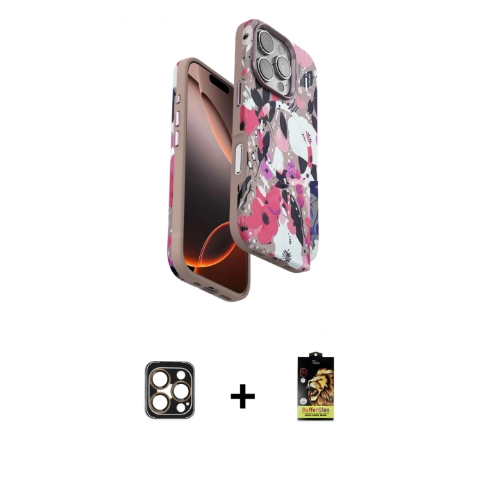 MARSİLYAN™- iPhone 16 Pro Max Kılıf Siluet Doku - Siyah Buffer Cam Ekran Koruyucu + PVD Metal Kamera Lens - GD