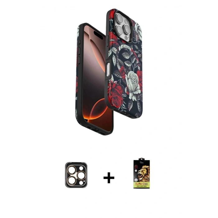 MARSİLYAN™- iPhone 16 Pro Max Kılıf Siluet Doku - Siyah Buffer Cam Ekran Koruyucu + PVD Metal Kamera Lens - GD