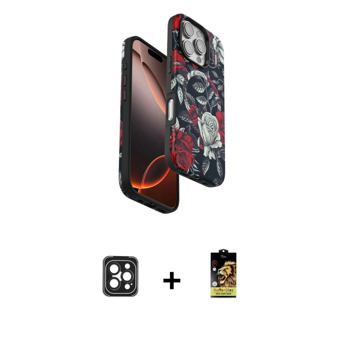 MARSİLYAN™- iPhone 16 Pro Max Kılıf Siluet Doku - Siyah Buffer Cam Ekran Koruyucu + PVD Metal Kamera Lens - SH