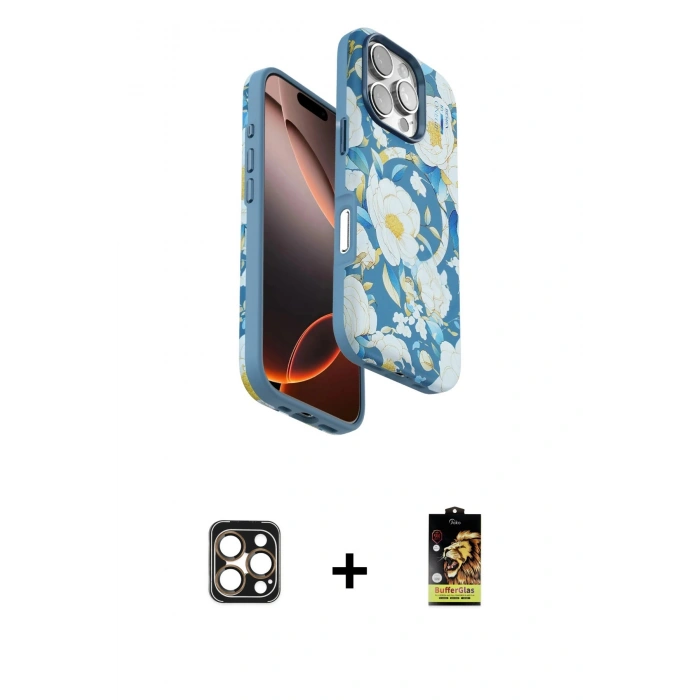 MARSİLYAN™- iPhone 16 Pro Max Kılıf Siluet Doku - Siyah Buffer Cam Ekran Koruyucu + PVD Metal Kamera Lens - GD