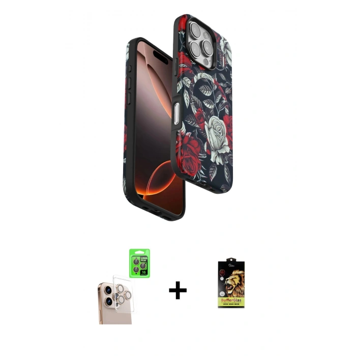 MARSİLYAN™- iPhone 16 Pro Max Kılıf Siluet Doku - Siyah Buffer Cam Ekran Koruyucu + Raze Metal Kamera Lens - NLGY