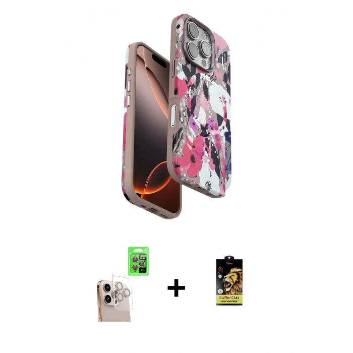 MARSİLYAN™- iPhone 16 Pro Max Kılıf Siluet Doku - Siyah Buffer Cam Ekran Koruyucu + Raze Metal Kamera Lens - NLGY