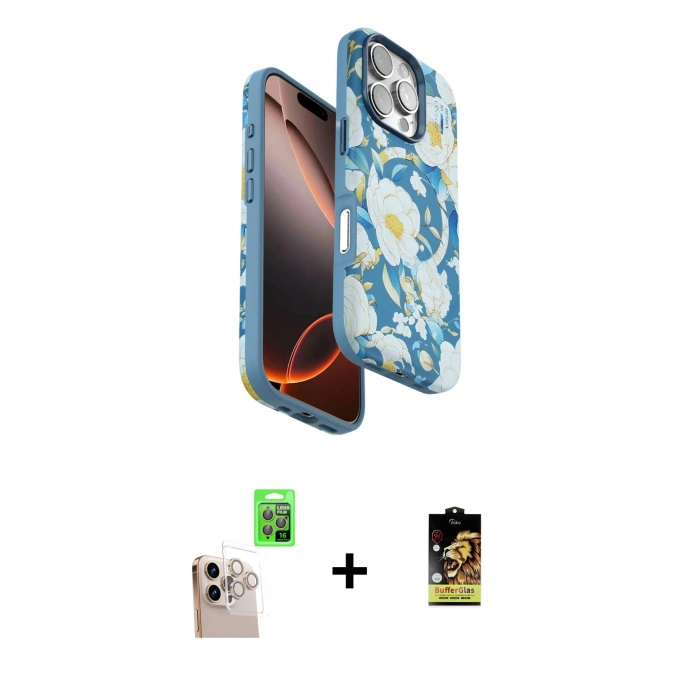 MARSİLYAN™- iPhone 16 Pro Max Kılıf Siluet Doku - Siyah Buffer Cam Ekran Koruyucu + Raze Metal Kamera Lens - NLGY
