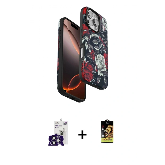 MARSİLYAN™- iPhone 16 Pro Max Kılıf Siluet Doku - Siyah Buffer Cam Ekran Koruyucu + Bilvis Titan Kamera Lens - TMGI