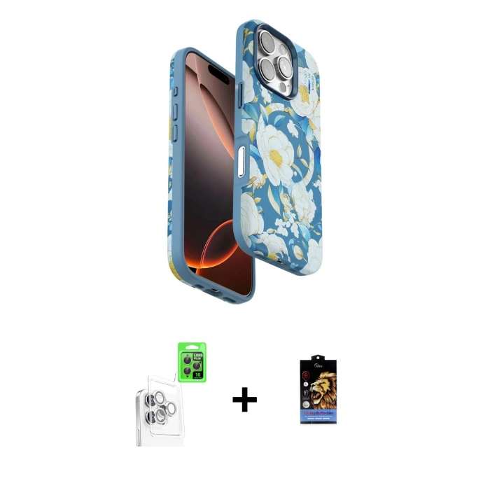 MARSİLYAN™- iPhone 16 Pro Max Kılıf Siluet Doku - Siyah Buffer Hayalet Cam Ekran Koruyucu + Raze Metal Kamera Lens - BZ