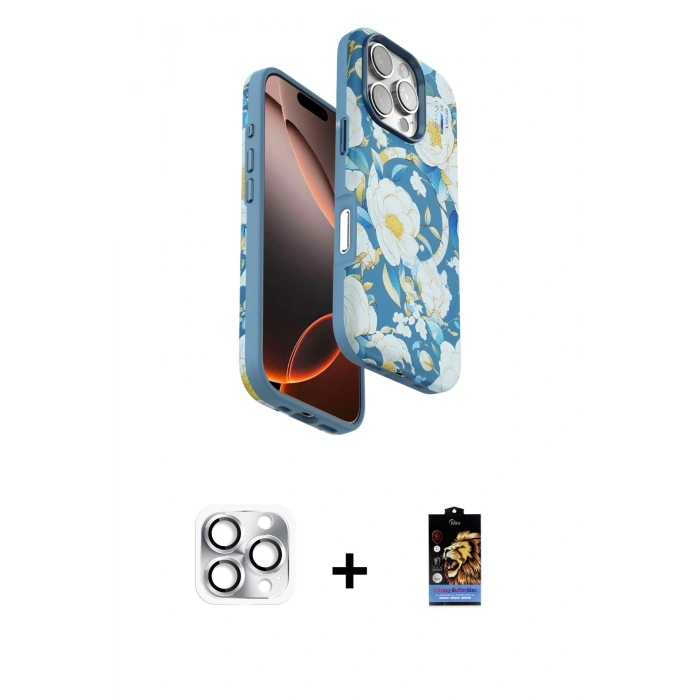MARSİLYAN™- iPhone 16 Pro Max Kılıf Siluet Doku - Siyah Buffer Hayalet Cam Ekran Koruyucu + Pers Alüminyum Kamera Lens - GS