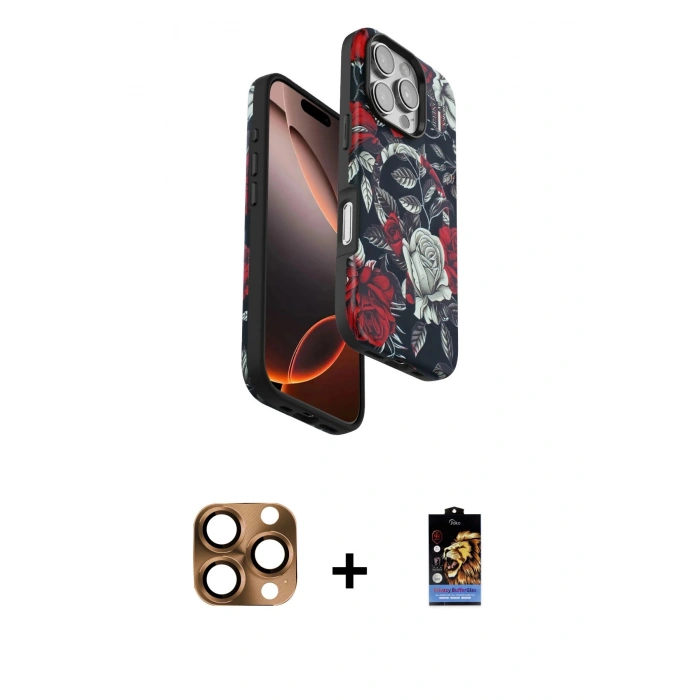 MARSİLYAN™- iPhone 16 Pro Max Kılıf Siluet Doku - Siyah Buffer Hayalet Cam Ekran Koruyucu + Pers Alüminyum Kamera Lens - CLTM
