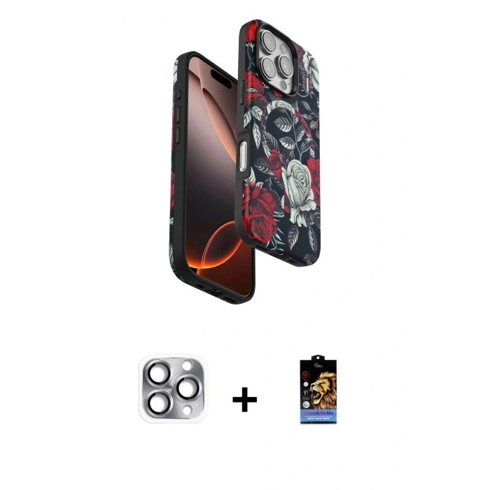 MARSİLYAN™- iPhone 16 Pro Max Kılıf Siluet Doku - Siyah Buffer Hayalet Cam Ekran Koruyucu + Pers Alüminyum Kamera Lens - GI