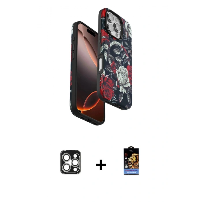 MARSİLYAN™- iPhone 16 Pro Max Kılıf Siluet Doku - Siyah Buffer Hayalet Cam Ekran Koruyucu + PVD Metal Kamera Lens - GS