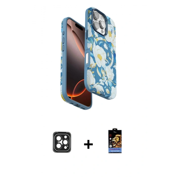 MARSİLYAN™- iPhone 16 Pro Max Kılıf Siluet Doku - Siyah Buffer Hayalet Cam Ekran Koruyucu + PVD Metal Kamera Lens - SH