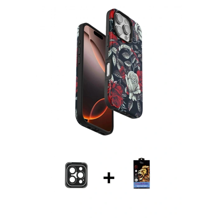 MARSİLYAN™- iPhone 16 Pro Max Kılıf Siluet Doku - Siyah Buffer Hayalet Cam Ekran Koruyucu + PVD Metal Kamera Lens - SH