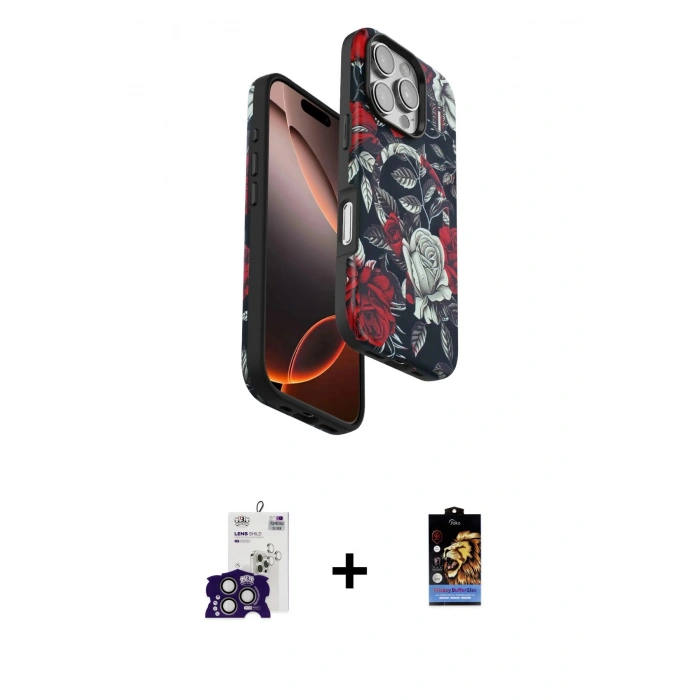 MARSİLYAN™- iPhone 16 Pro Max Kılıf Siluet Doku - Siyah Buffer Hayalet Cam Ekran Koruyucu + Bilvis Titan Kamera Lens - TMGI