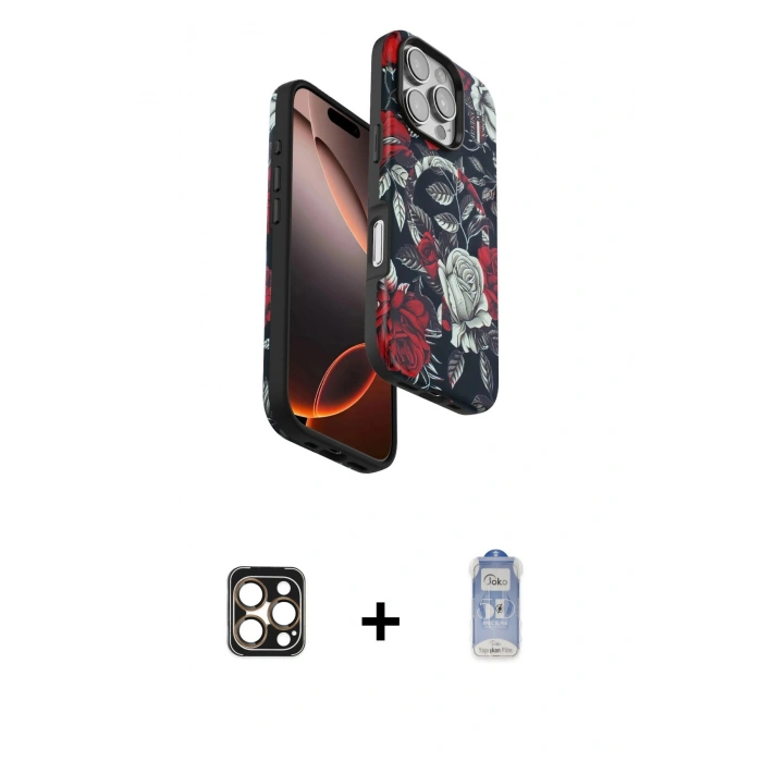 MARSİLYAN™- iPhone 16 Pro Max Kılıf Siluet Doku - Siyah Joko Magic 5D Cam + PVD Metal Kamera Lens - GD