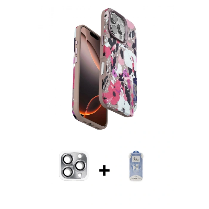 MARSİLYAN™- iPhone 16 Pro Max Kılıf Siluet Doku - Siyah Joko Magic 5D Cam + Pers Alüminyum Kamera Lens - GI