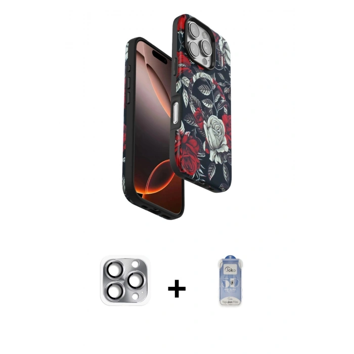 MARSİLYAN™- iPhone 16 Pro Max Kılıf Siluet Doku - Siyah Joko Magic 5D Cam + Pers Alüminyum Kamera Lens - GI