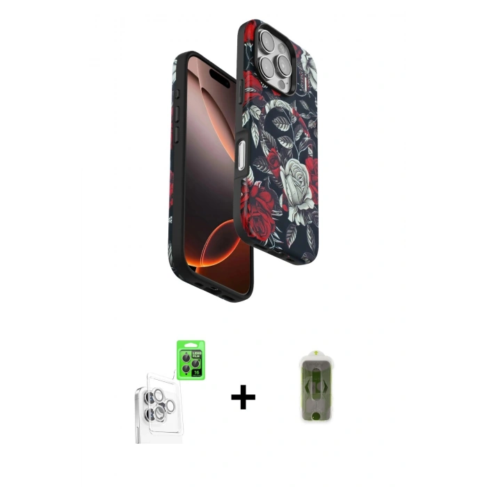 MARSİLYAN™- iPhone 16 Pro Max Kılıf Siluet Doku - Siyah Joko Magic 5D Hayalet Cam + Raze Metal Kamera Lens - BZ