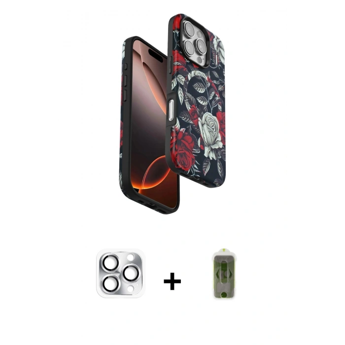 MARSİLYAN™- iPhone 16 Pro Max Kılıf Siluet Doku - Siyah Joko Magic 5D Hayalet Cam + Pers Alüminyum Kamera Lens - GS