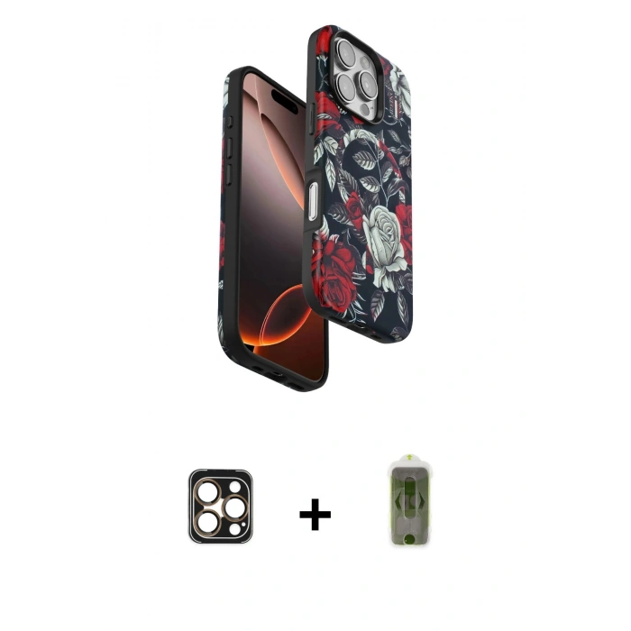 MARSİLYAN™- iPhone 16 Pro Max Kılıf Siluet Doku - Siyah Joko Magic 5D Hayalet Cam + PVD Metal Kamera Lens - GD