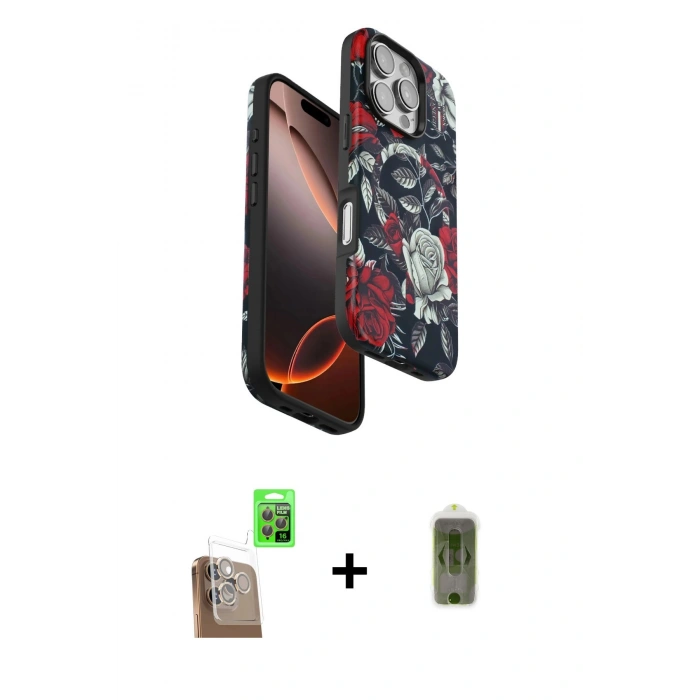 MARSİLYAN™- iPhone 16 Pro Max Kılıf Siluet Doku - Siyah Joko Magic 5D Hayalet Cam + Raze Metal Kamera Lens - CLTM