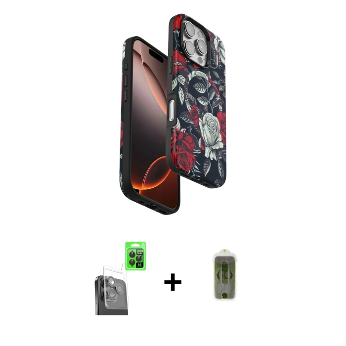 MARSİLYAN™- iPhone 16 Pro Max Kılıf Siluet Doku - Siyah Joko Magic 5D Hayalet Cam + Raze Metal Kamera Lens - SH