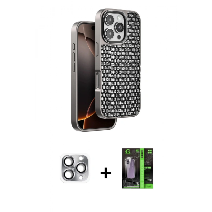 MARSİLYAN™- iPhone 16 Pro Max Kılıf Siluet Form Serisi - Şeffaf 360 Full Body Arka Koruyucu + Gri Pers Alüminyum Kamera Lens