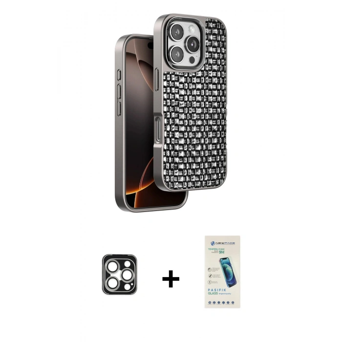 MARSİLYAN™- iPhone 16 Pro Max Kılıf Siluet Form Serisi - Şeffaf Pasifik Cam Ekran Koruyucu + Gümüş PVD Metal Kamera Lens
