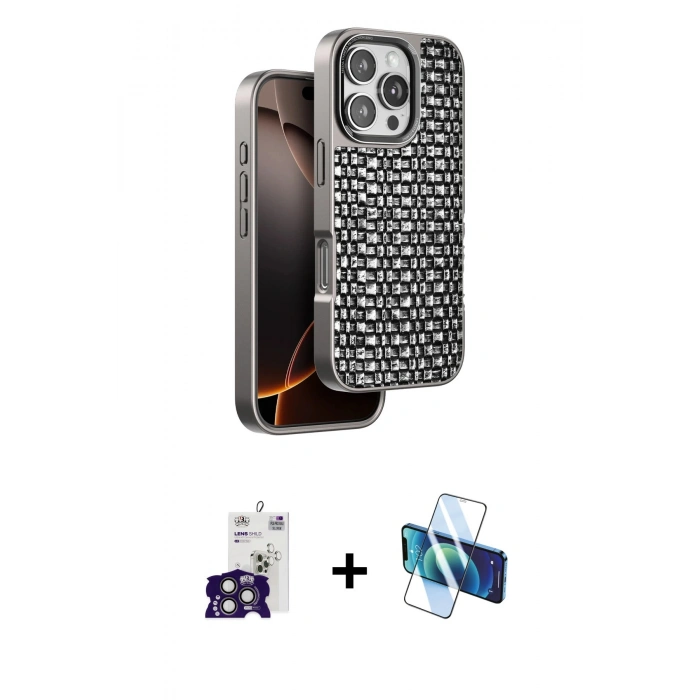 MARSİLYAN™- iPhone 16 Pro Max Kılıf Siluet Form Serisi - Siyah 3D Antistatik Cam Ekran Koruyucu + Bilvis Titan Kamera Lens - TMGI