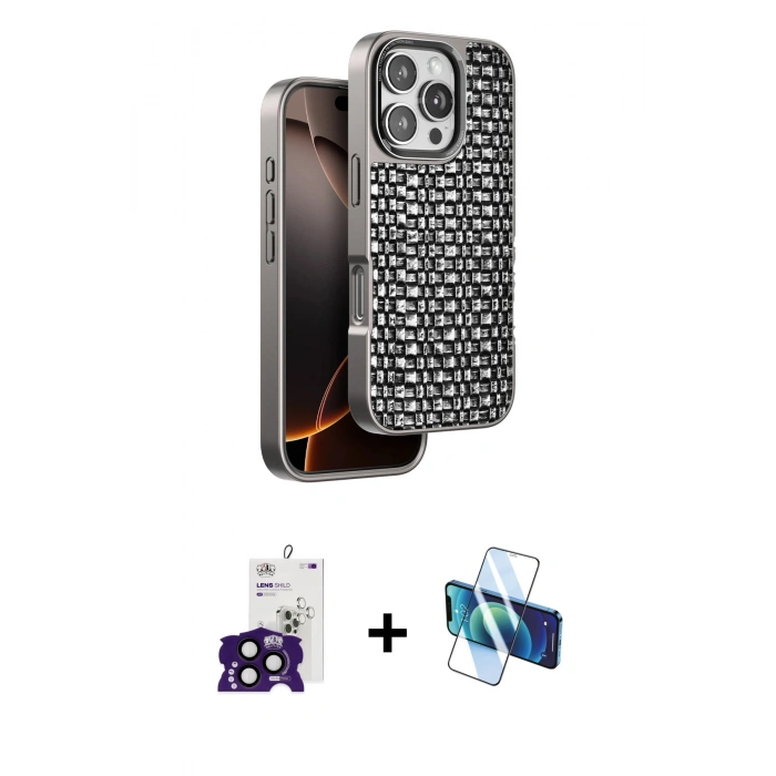 MARSİLYAN™- iPhone 16 Pro Max Kılıf Siluet Form Serisi - Siyah 3D Antistatik Cam Ekran Koruyucu + Bilvis Titan Kamera Lens - SH